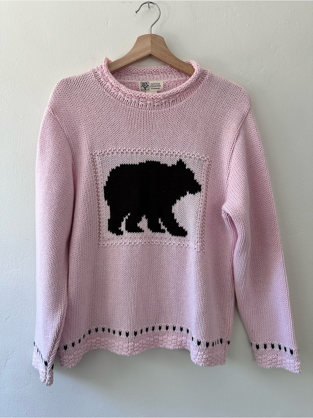 Parkhurst Pink Crewneck Sweater with Black Bear Intarsia